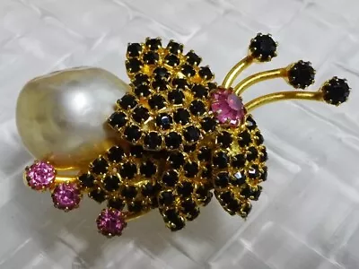 Vintage Pave' Rhinestone & Big Baroque Pearl Exotic Flower Or Bug Brooch Pin • $38.50