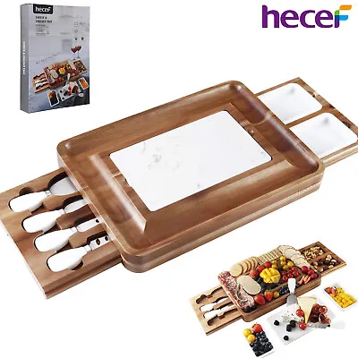 38cm Large Acacia Wood Cheese Board Set Charcuterie Platter Drawers Cutlery Set • £32.39