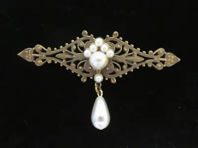 Vintage Ornate Metal Bar Brooch With Faux Pearls • $12.50