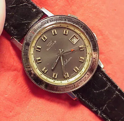 VINTAGE 36MM WORLD TIME ALARM 1960s GLYCINE WRISTWATCH STAINLESS STEEL RUNNING • $1470.99