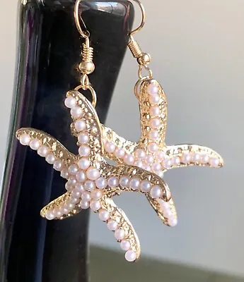 Elegant Figural Gold Cast Metal Pearl Beaded Starfish Dangle Earrings New • $6.99