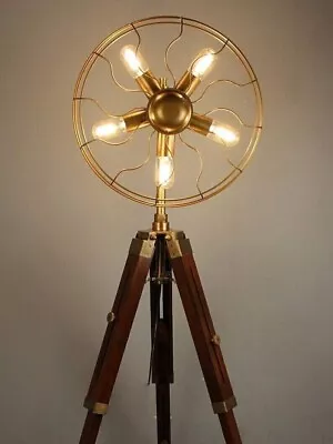 Wooden Tripod Fan Shape 5 Bulb Adjustable Standing Floor Lamp - Vintage Style • $192.38