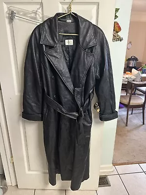 VNT Vakko 90s 80s Long Duster Jacket Coat Double Breasted Leather Black Belt • $59