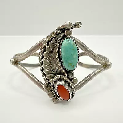 Vintage Sterling Navajo Native American Turquoise Coral Leaf Cuff Bracelet • $49.99