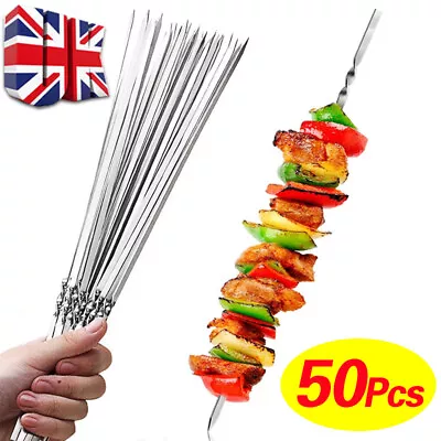 50Pcs Long Metal Kebab Grill Steel Sticks Flat BBQ Skewers Barbecue Meat Cooking • £3.99