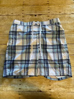 Merona Mens L Blue White Plaid Swim Trunks Board Shorts Hook Loop Pockets W38-41 • $8.99