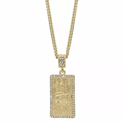 Men's 14k Gold Plated 100 Hundred Bill Cubic-Zirconia Pendant 24  Cuban Chain • $14.95