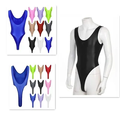 Sexy Mens One-Piece Glossy Bodysuit High Cut Thongs Sleeveless Leotard Swimsuit • £8.27