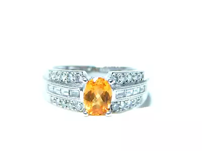 18 K White Gold Mandarin Oval Garnet W/Baguettes And Round  Diamonds Ring • $575