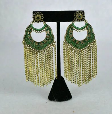 Large Dangle Pierced  Earrings Gold And Green Moroccan Style    (JS8188) • $10