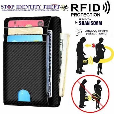 $10.99 • Buy Anti-scan Leather Slim ID Credit Card Holder RFID Blocking Thin Small Wallet