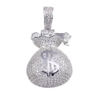 Sterling Silver Money Bag Hip Hop Pendant W/ Micro Pave CZ Stones • $49.99