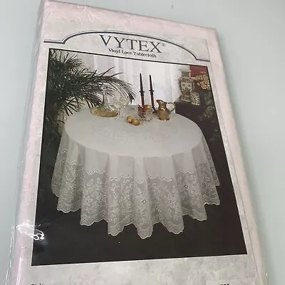 1970'S Vytex Vinyl Lace Tablecloth 70  Round Organdy Applique Vintage NOS • $23.98