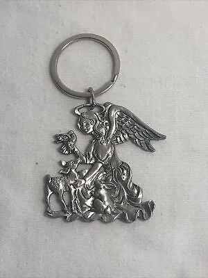 Angel Of The Animals Keychain Pewter Silver Metal Fawn Rabbit Bird Women W Wings • $14.95
