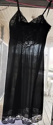 Vintage VANITY FAIR Full Slip Sz 32 Black Floral Lace Silky Nylon Tricot Dress • $16.99