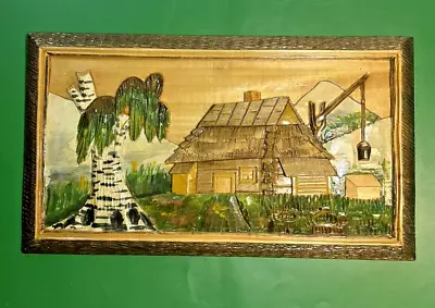 FOLK ART VTG Hand Carved & Painted Wall Sculpture Plaque Cottage Tree 3D 16  X9  • $45