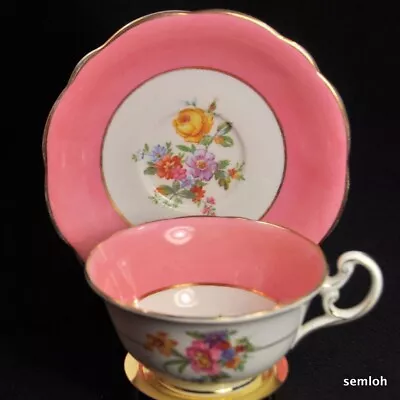 E Brain Foley Footed Cup Saucer Floral Sprays Bold Pink Bands Gold 1930-1936 HTF • $57.98