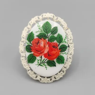 Vintage West Germany Red And White Porcelain Filigree Brooch • $24.76