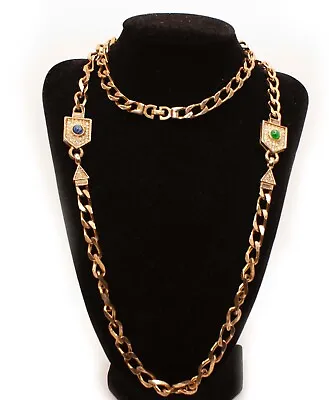 Christian Dior Vintage 1980s Gripoix Blue And Green Long Necklace Gold • $240.46