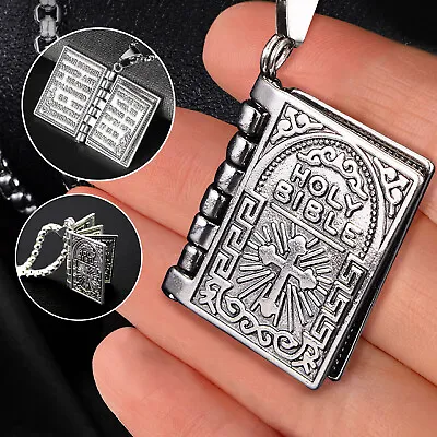 Bible Book Pendant Necklace Vintage Silver Plated Cross Unique For Men Women • $6.11