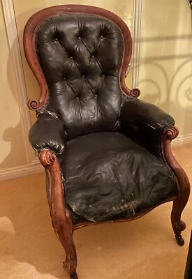 £99 • Buy Antique Victorian, Vintage, Leather Button Back Spoon Fireside Arm Chair