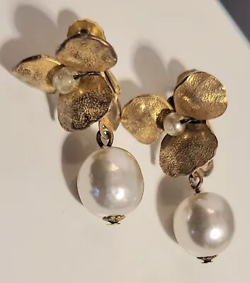 Miriam Haskell Vintage Clip On Screwback Earrings Pearl Pansy Dangle Signed • $36
