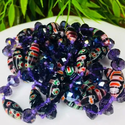 Vntg Millefiori Murano Italy Beads Necklace Hand Knotted Purple Floral 50” 4203 • £68.39
