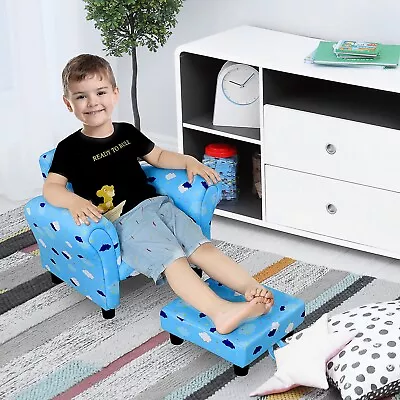 Cute Cloud Star Child Kids Armchair Seat Wood Frame With Footrest Padding Blue • £47.74