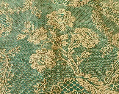 Antique French Floral Garland Linen Cotton Jacquard Fabric ~ Green Ochre Gold • $89