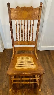 Antique  Pressed Back Angel Design Oak Wood Rocking Chair--Cane Seat Rocker • $155