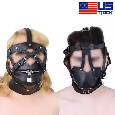 PU Leather Trainer Head Hood Mask Open Mouth Panel Gag Ball Gag Bondage Harness • $16.89