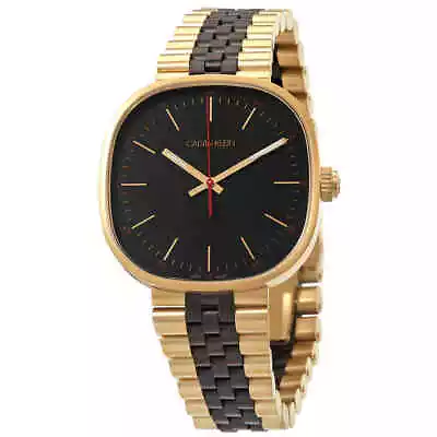 Calvin Klein Ladies Watch K9Q125Z1 Squarely Black Dial Gold/Black Bracelet • £135