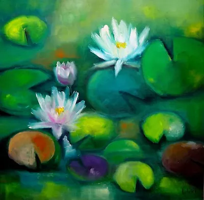 Lotus Art Flower Painting Water Lily Pad Oil Painting On Canvas Waterlily Pond • £332.55
