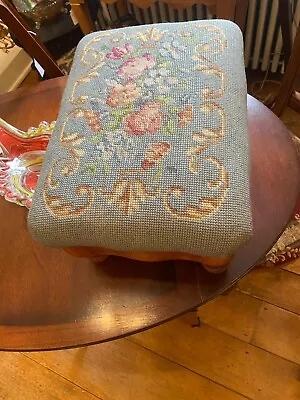 Antique Victorian Foot Stool  Mahogany Floral NEEDLEPOINT Upholstered Wood Frame • $160