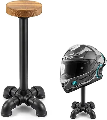 Industrial Style Helmet Stand Rustic Burnt Solid Wood And Black Metal Pipe • $28