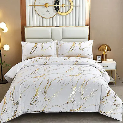 White Gold Metallic Marble Comforter Set Queen Foil Print Glitter Bedding Sets W • £58.78