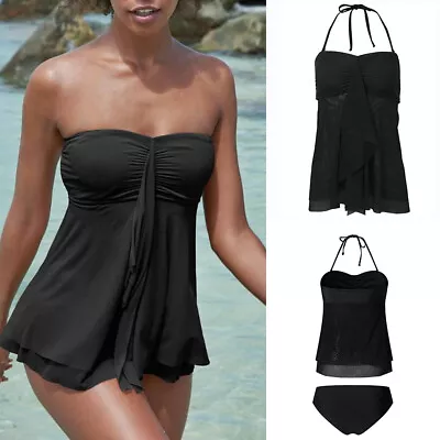 Womens Bandeau Tankini Set Boob Tube Swimsuit Bathing Beach Swimming Costume • £15.29