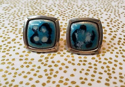 Vintage Mid Century Modern Square Blue Enamel Artisan Style Gold Tone Cufflinks • $3