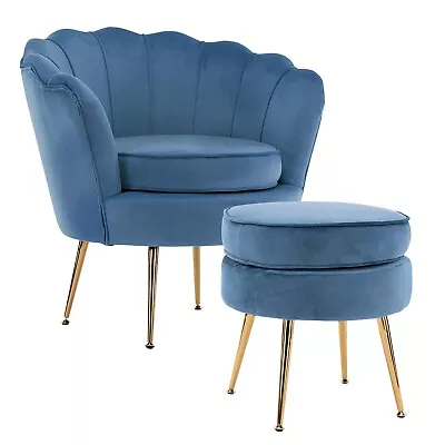 La Bella Armchair Chair Accent Velvet Shell Scallop + Ottoman Footstool Round - • $285.90