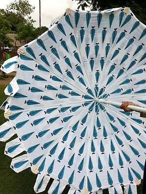 Blue Beach Parasol Outdoor Large Sun Shade Garden Umbrella Indian Handblocked • $249.47