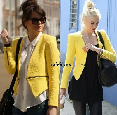 A624 Zara Woman Yellow Blazer Boucle Fantasy With Gold Zips Coat Jacket - M • $129.99