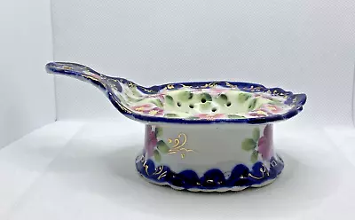 Vintage Ceramic Floral Violets Tea Strainer W Drip Bowl Gold & Blue Trim READ • $14