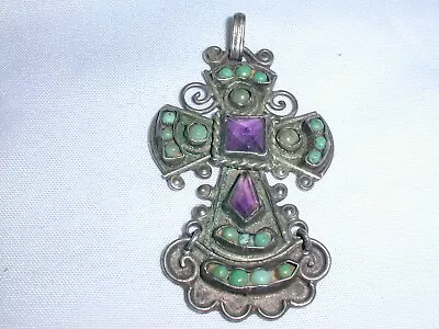 Matl- Matilde Poulat Mexican Sterling Turquoise Amethyst Cross Pendant! • $299