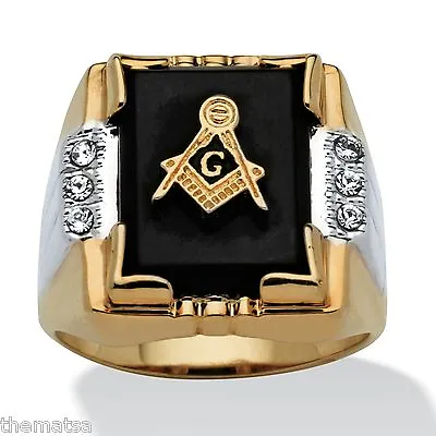 Masonic Mason Gold Square Black Onyx Mens Ring Size 8 9 10 11 12 13 14 15 16 • $139.99