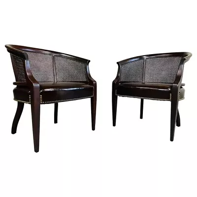 Pair Of Regency Hickory Chair Co. Cane Barrel Back Club Chairs Having Lithe Legs • $2750