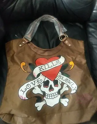 Women Ed Hardy  LOVE KILLS SLOWLY  Oversized Purse Copper And Gold Tote/Hand Bag • $25