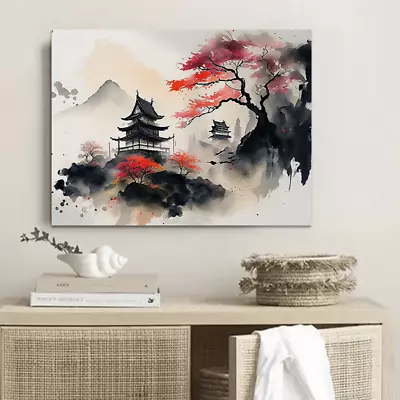 Japanese Pagoda Landscape Canvas Picture Poster Wall Art Living Room • £19