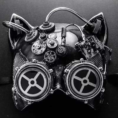 Venetian Mardi Gras Steampunk Cat Halloween Masquerade Mask Goggle Silver Gears • $22