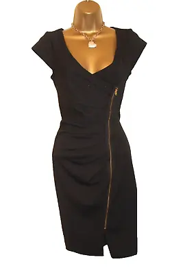 Lipsy Black Zip Front Bodycon Textured Dress 16 Cap Sleeve Occasion Party Club • £28.99