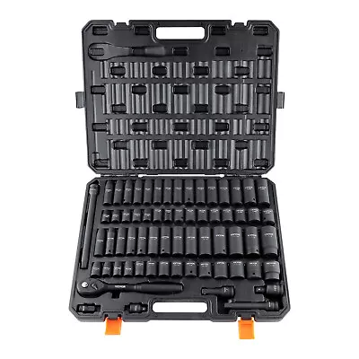 VEVOR Impact Sockets Set 65pcs 6-Point 1/2in Drive Bit Ratchet Tool Kit Case • $88.99